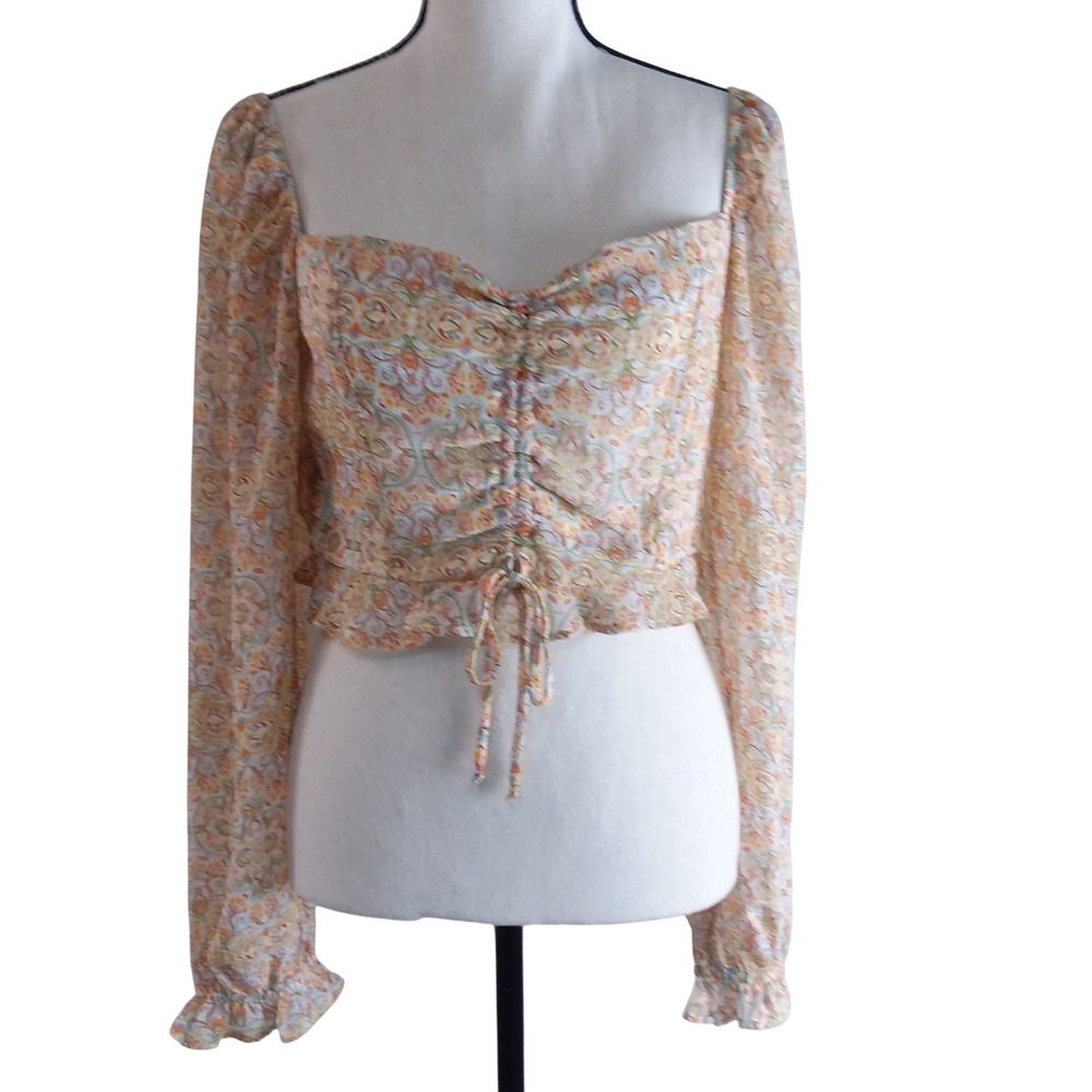 Show Me Your Mumu Rivington Floral Long Sleeve Crop Top‎ Smocked Blouse Sz L USA